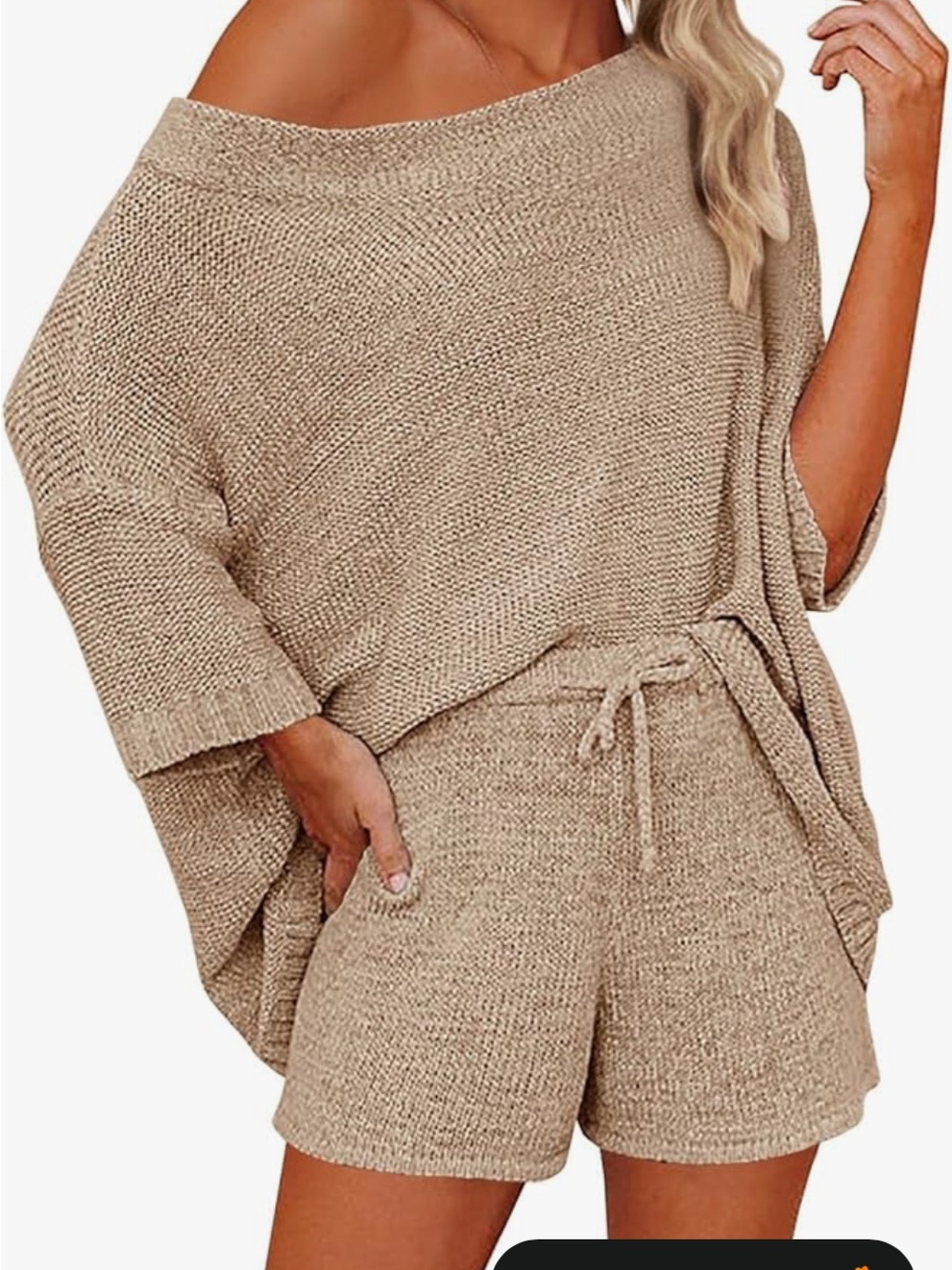 Amazon Women's Beige Knit Off-Shoulder Sweater and shorts Set